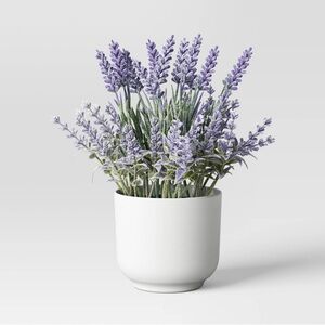 Purple Lavender Faux Floral Accent Arrangement in white pot